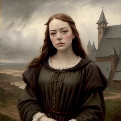 00267-1553717895-1girl, oil painting, medieval style, (gloomy_1.4), a portrait of Emma Stone like woman in old clothes, gloomy background, overca.png